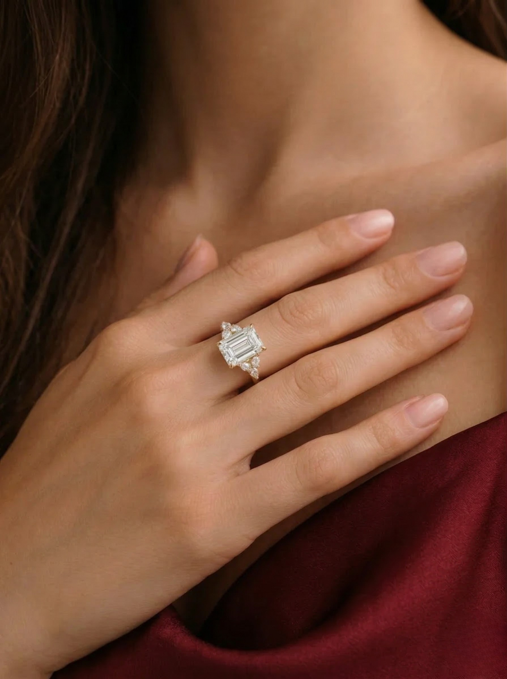 Emerald Diamond Engagement Ring 2.05 Carat, Emerald Cut Diamond Ring with Pear Side Diamonds, Gold Engagement Ring, Lab Diamond Ring