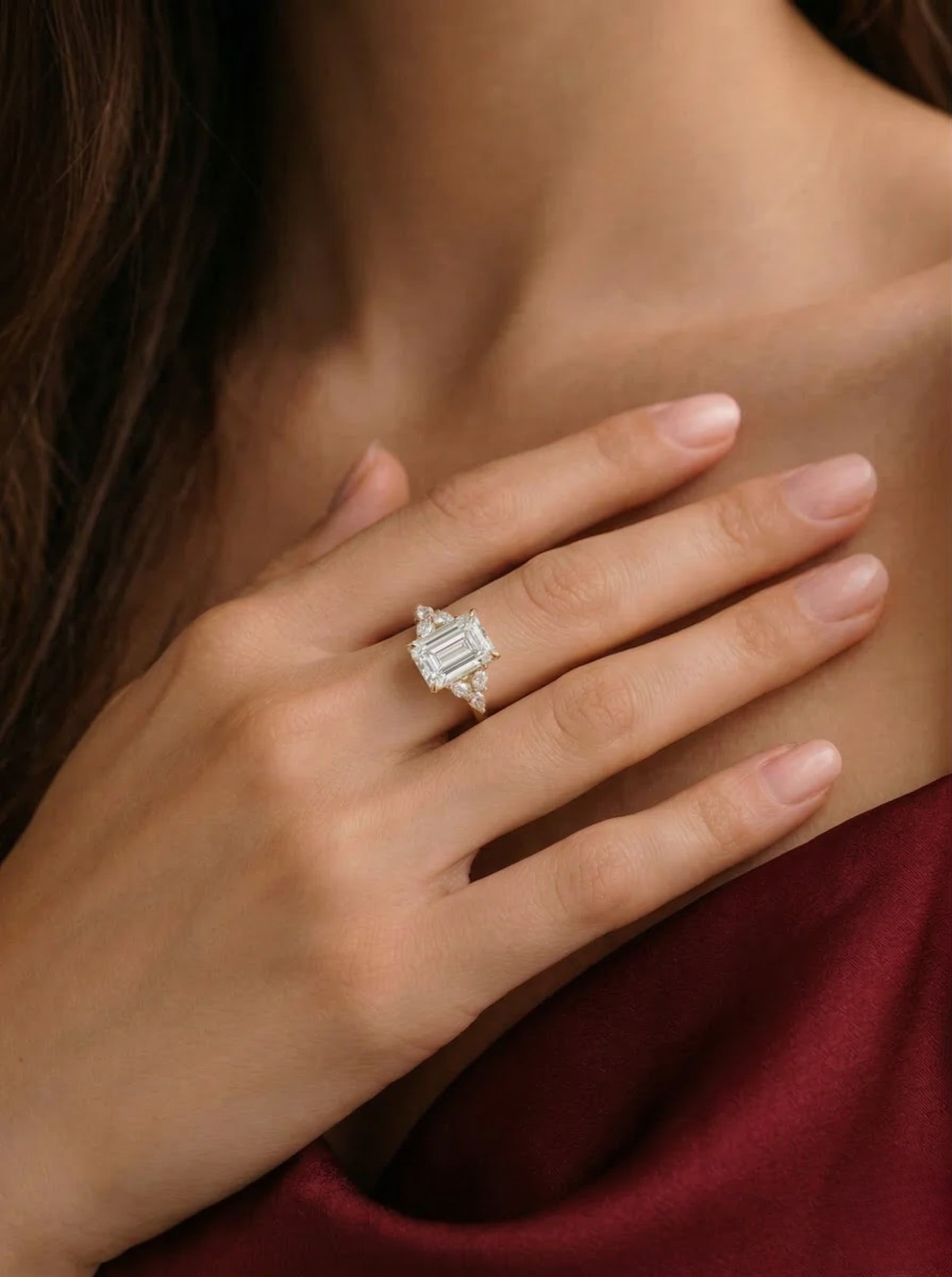 Emerald Diamond Engagement Ring 2.05 Carat, Emerald Cut Diamond Ring with Pear Side Diamonds, Gold Engagement Ring, Lab Diamond Ring