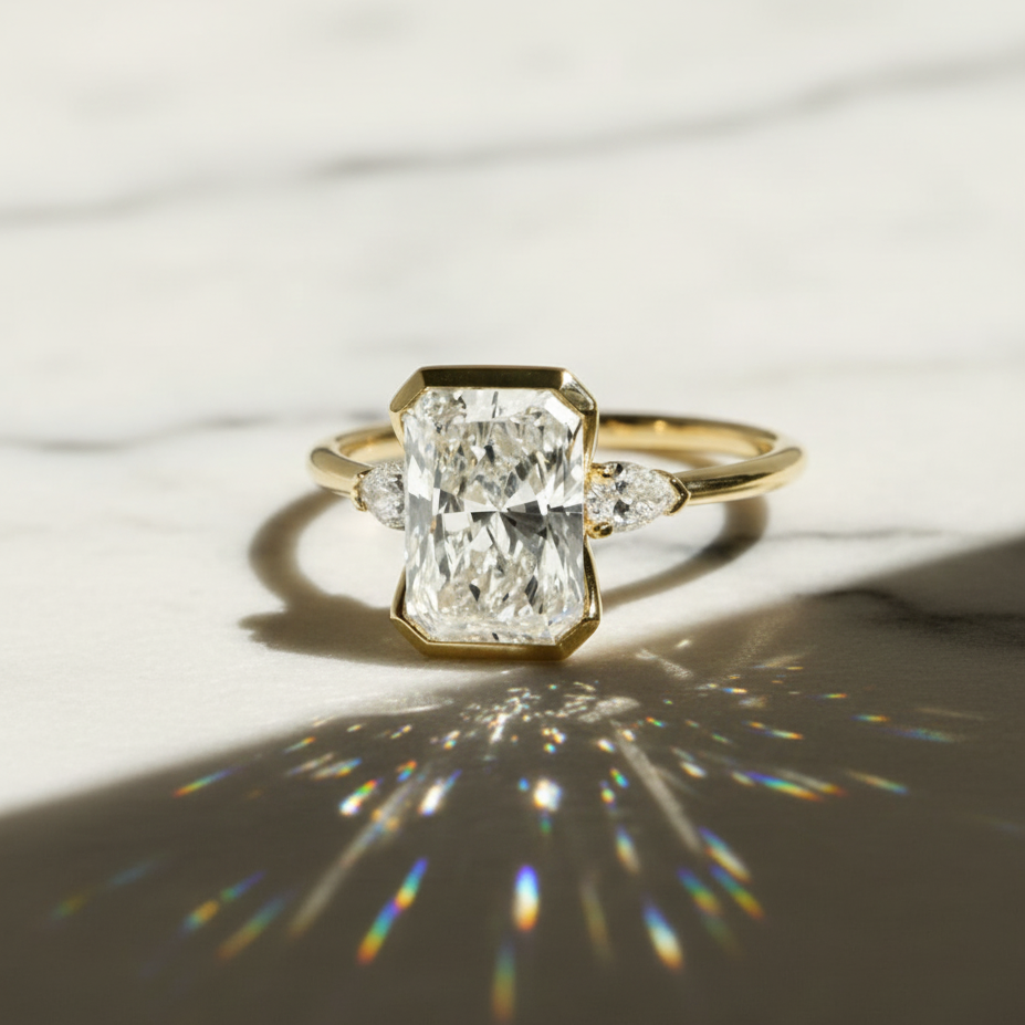 Radiant 3 Stone Engagement Ring with Pear Accent Half Bezel | Lab Grown Diamond | 14K Yellow Gold