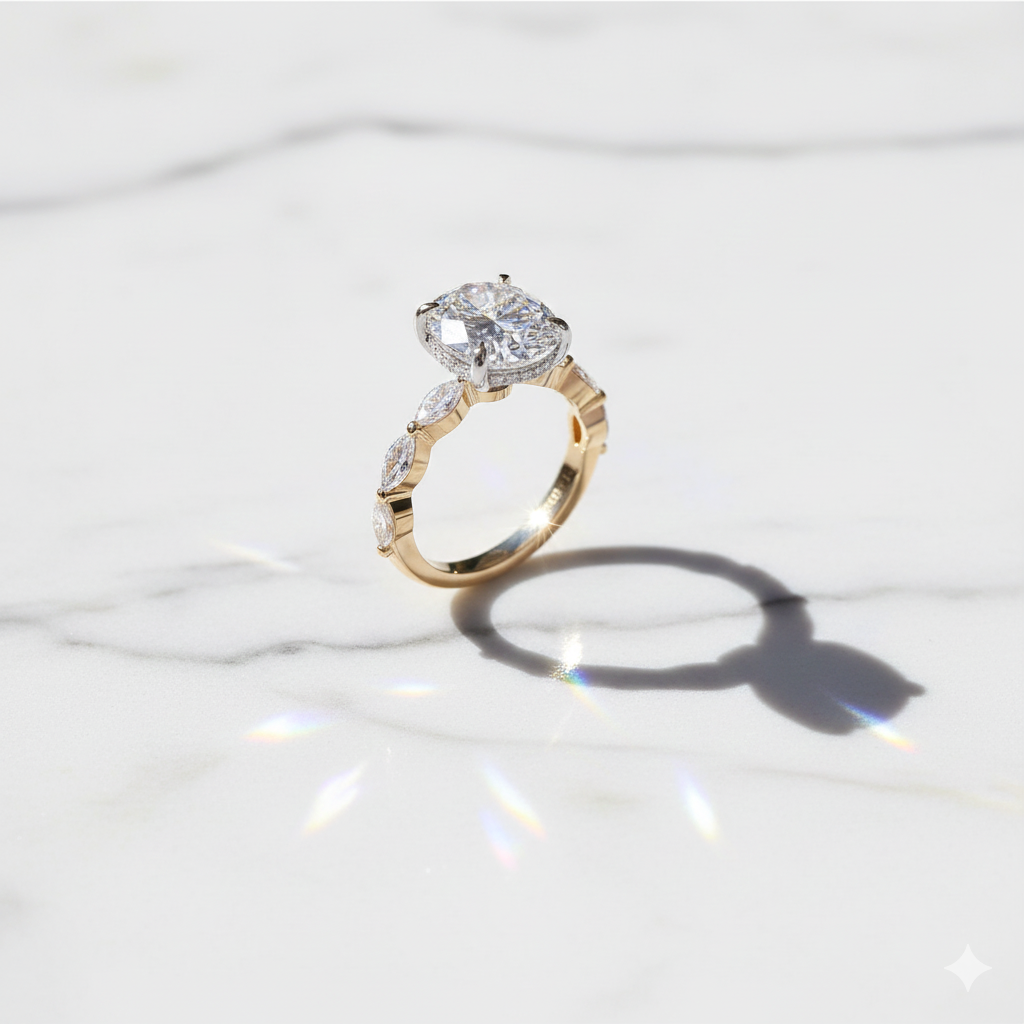 Modern Oval Cut Hidden Halo Half Eternity Ring | Lab Grown Diamond | 14K Yellow Gold