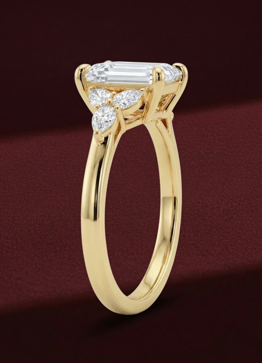 Emerald Diamond Engagement Ring 2.05 Carat, Emerald Cut Diamond Ring with Pear Side Diamonds, Gold Engagement Ring, Lab Diamond Ring