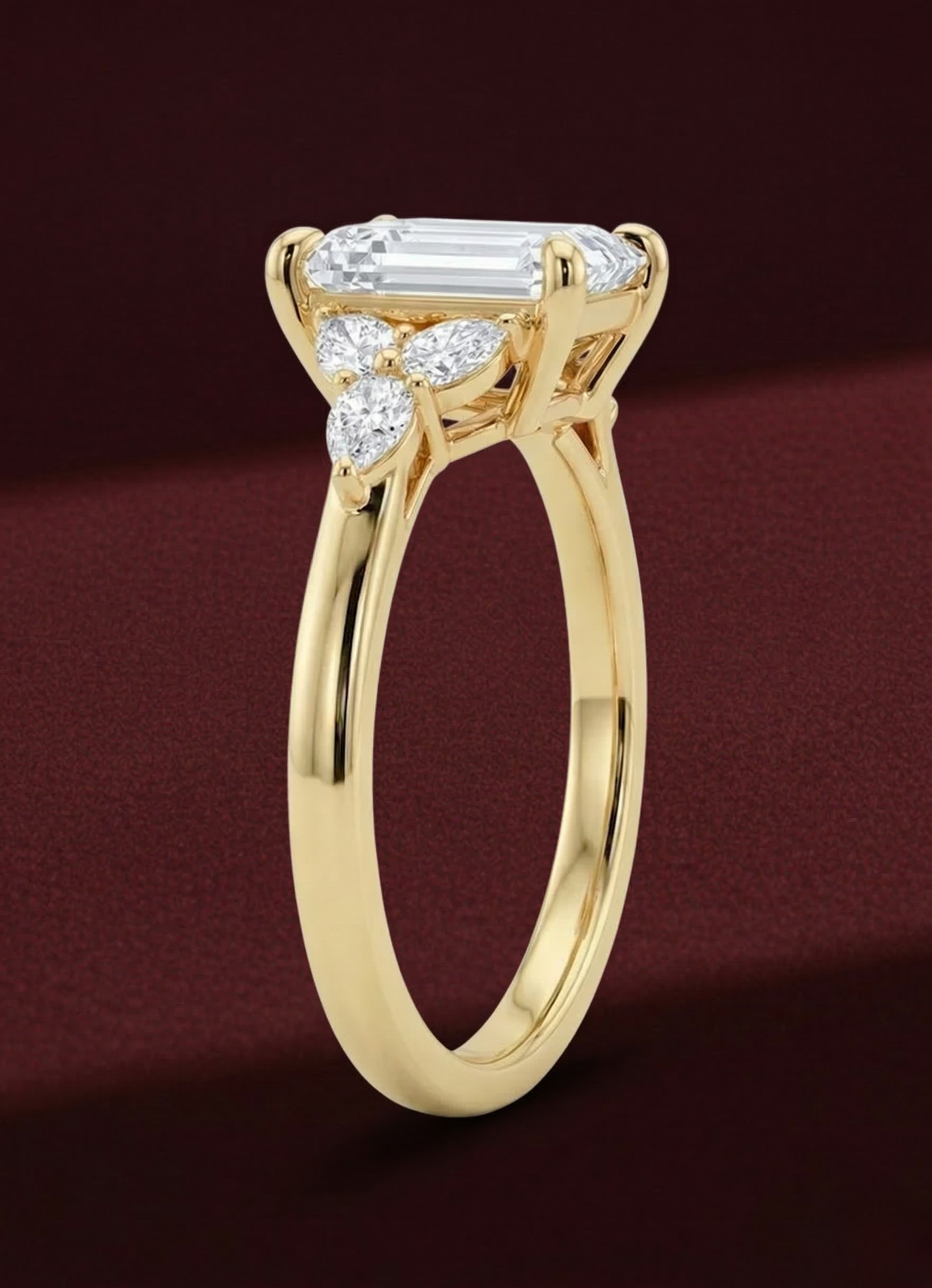 Emerald Diamond Engagement Ring 2.05 Carat, Emerald Cut Diamond Ring with Pear Side Diamonds, Gold Engagement Ring, Lab Diamond Ring