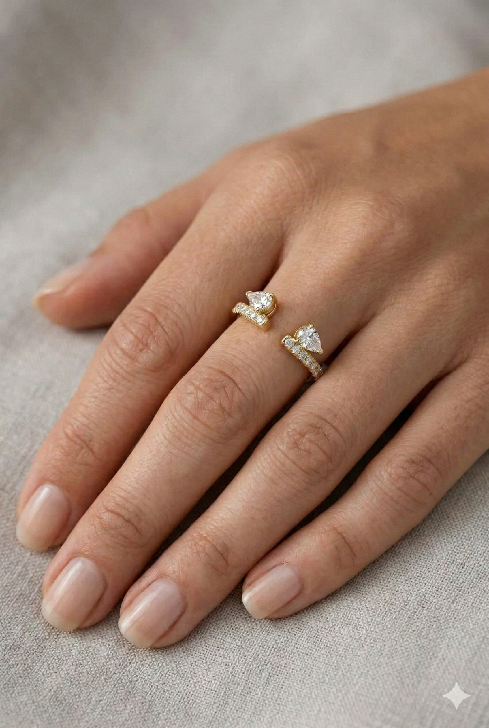 Open Cuff Diamond Stackable Band, Pear and Round Diamond Ring, Open Diamond Band, Stackable Gold Ring, Modern Diamond Band