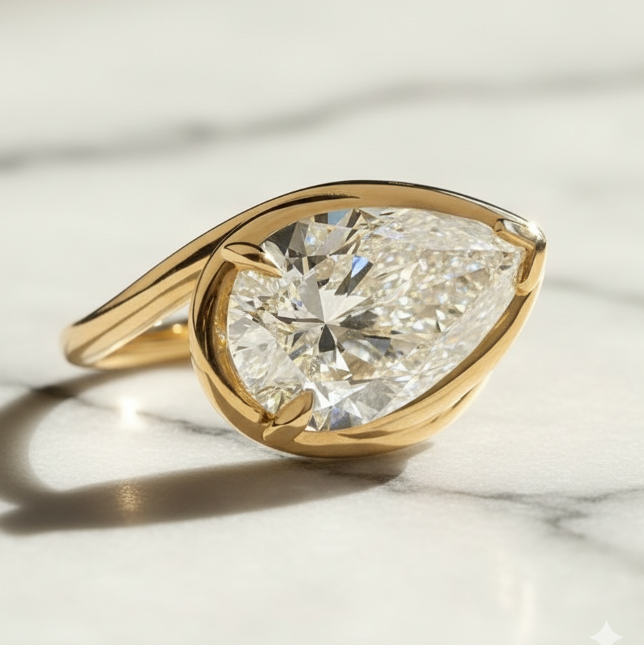 Unique Twist Bending Style Pear Engagement Ring | Lab Grown Diamond | 14K Yellow Gold