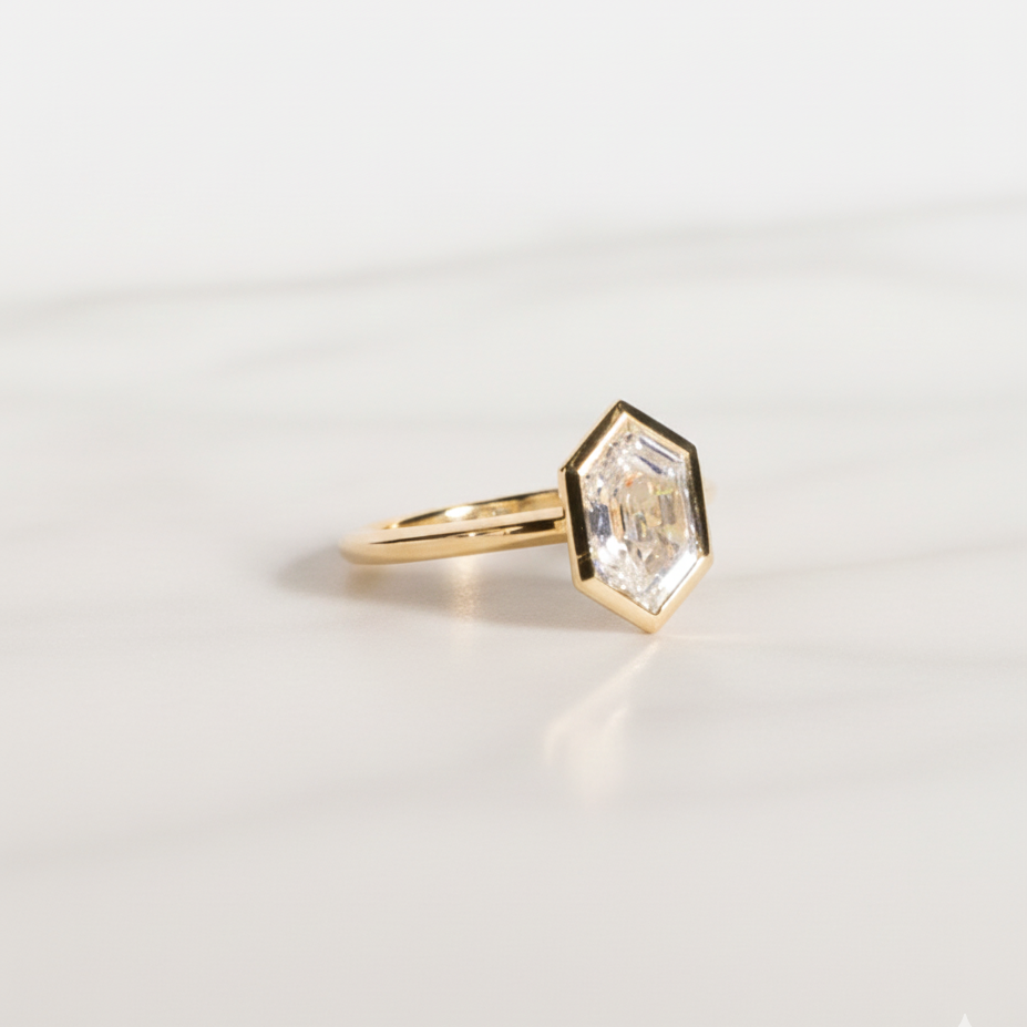 Unique Hexagon Shaped Diamond Ring | Lab Grown Diamond | 14K Yellow Gold Minimal Style