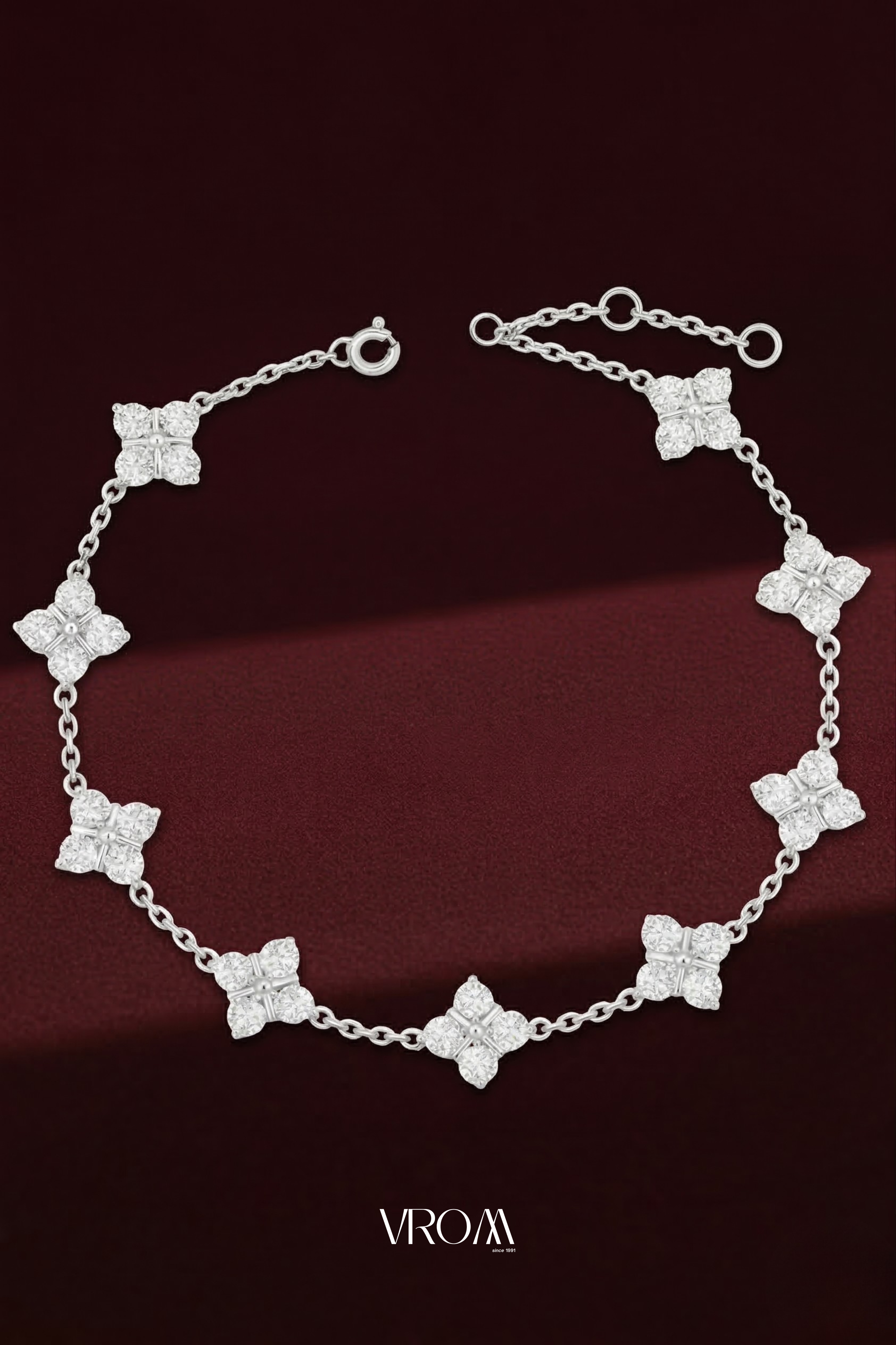 Diamond Clover Bracelet 1.80 CT, Four Leaf Clover Diamond Bracelet, Lucky Charm Bracelet, Floral Diamond Bracelet, Gold Chain Bracelet