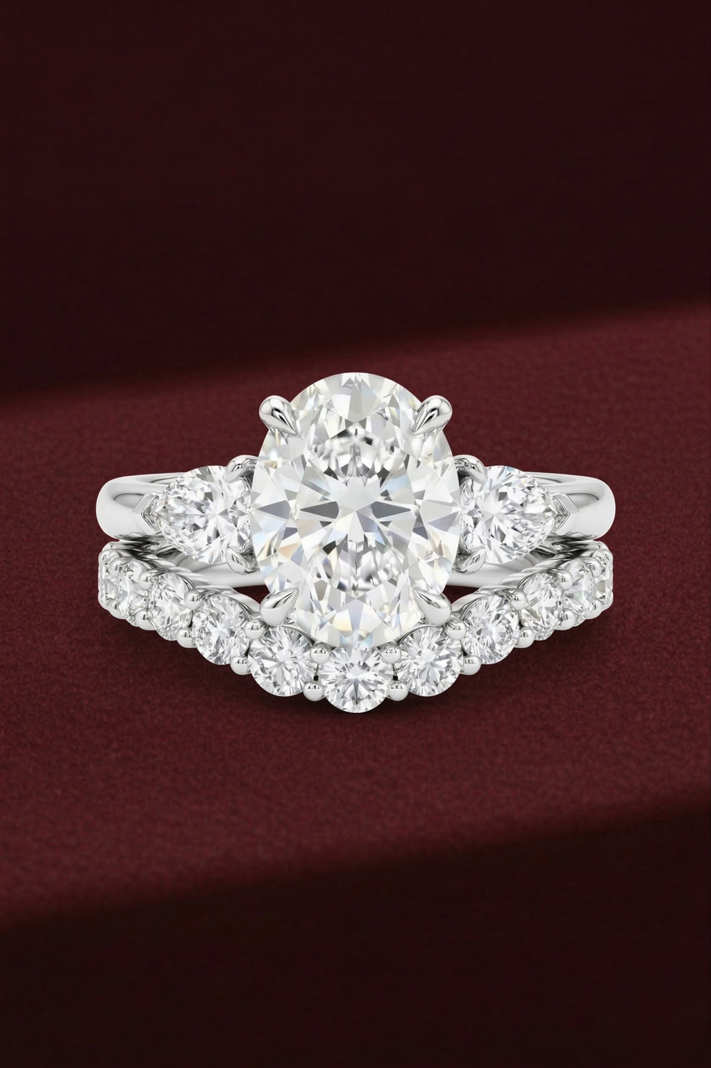 Oval Diamond Engagement Ring Set 2.05 Carat, Stackable Bridal Ring Set, Oval Ring with Pear Side Diamonds, Diamond Wedding Band Set