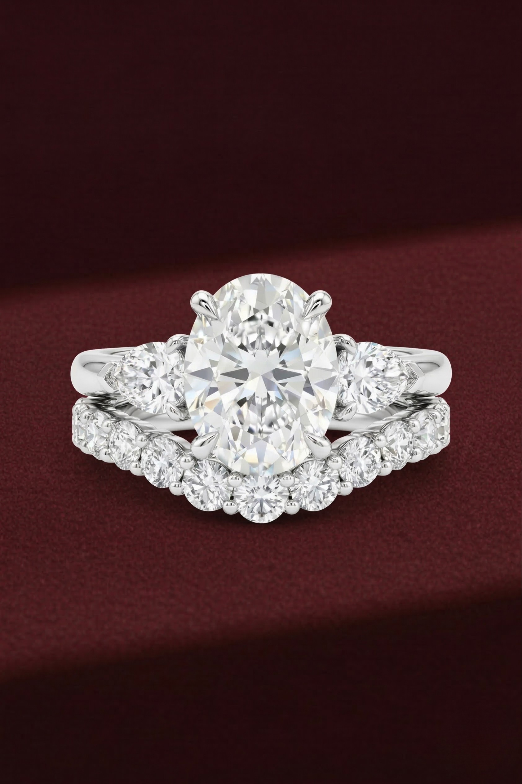Oval Diamond Engagement Ring Set 2.05 Carat, Stackable Bridal Ring Set, Oval Ring with Pear Side Diamonds, Diamond Wedding Band Set