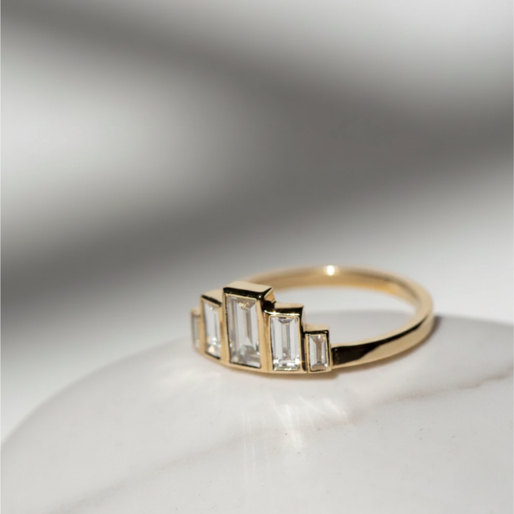 Art Deco Baguette Ring Bezel Bar Set | Lab Grown Diamond | 14K Yellow Gold