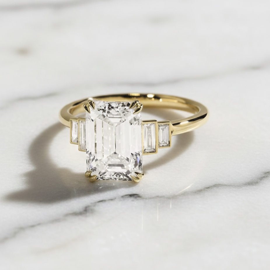 Modern Emerald Bezel Bar Set 5 Stone Ring | Lab Grown Diamond | 14K Yellow Gold