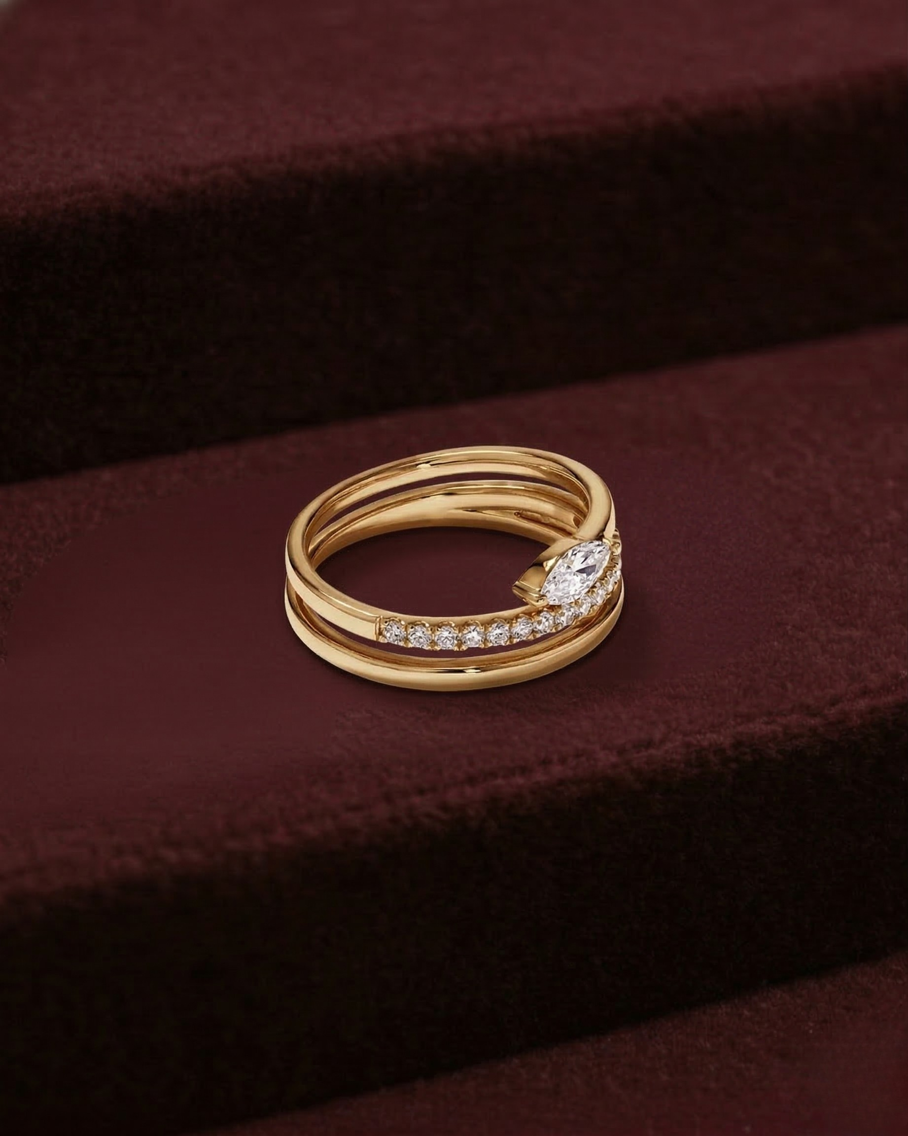 Marquise and Round Diamond Ring, Curved Diamond Band Ring, Minimalist Diamond Ring, Prong Set Diamond Ring, Stackable Gold Diamond Ring