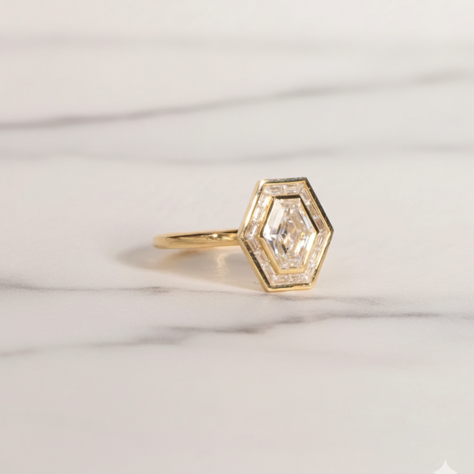 Hexagon Step Cut Ring with Baguette Halo | Lab Grown Diamond | 14K Yellow Gold Geometric Design