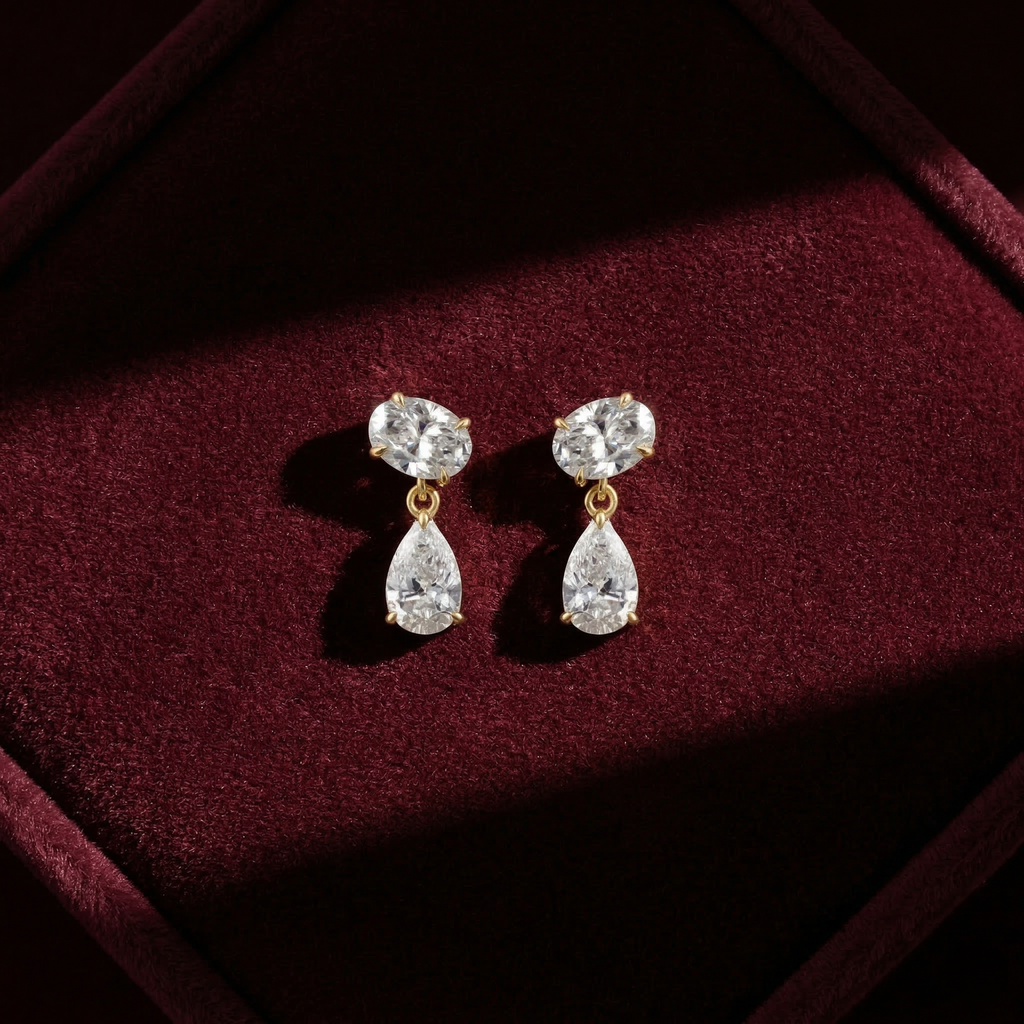 Oval & Pear Cut Lab Grown Diamond Two Stone Earrings in Solid 14K Gold
