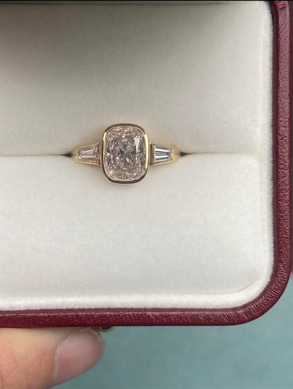 Cushion Cut Lab Grown Diamond Engagement Ring, Tapered Baguette Side Stone Ring, 14K Yellow Gold, Three Stone Diamond Ring, Proposal Ring