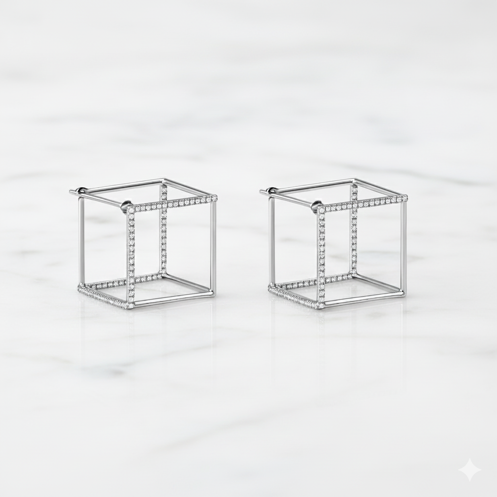 3D Geometric Cube Earrings | Lab Grown Diamond | 14K Yellow Gold Square Design