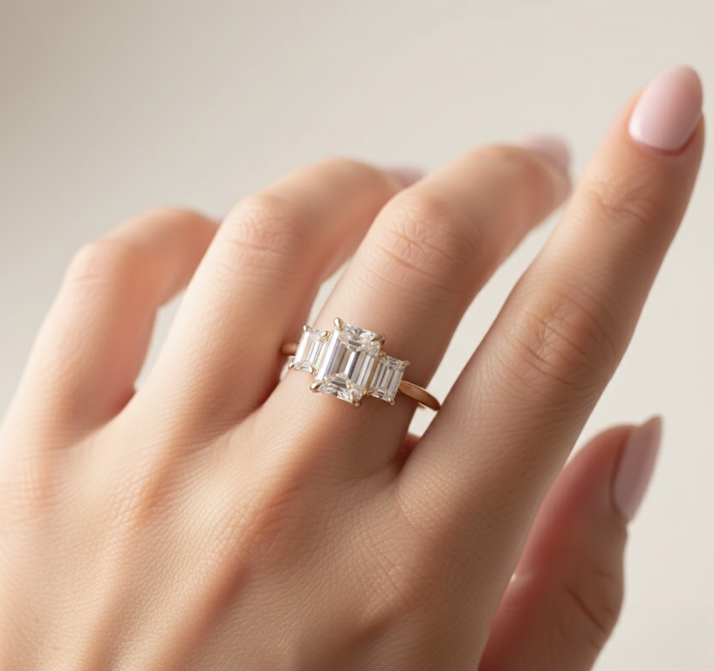 Elegant 3 Stone Emerald Engagement Ring | Lab Grown Diamond | 14K Yellow Gold Classic Three Stone Design