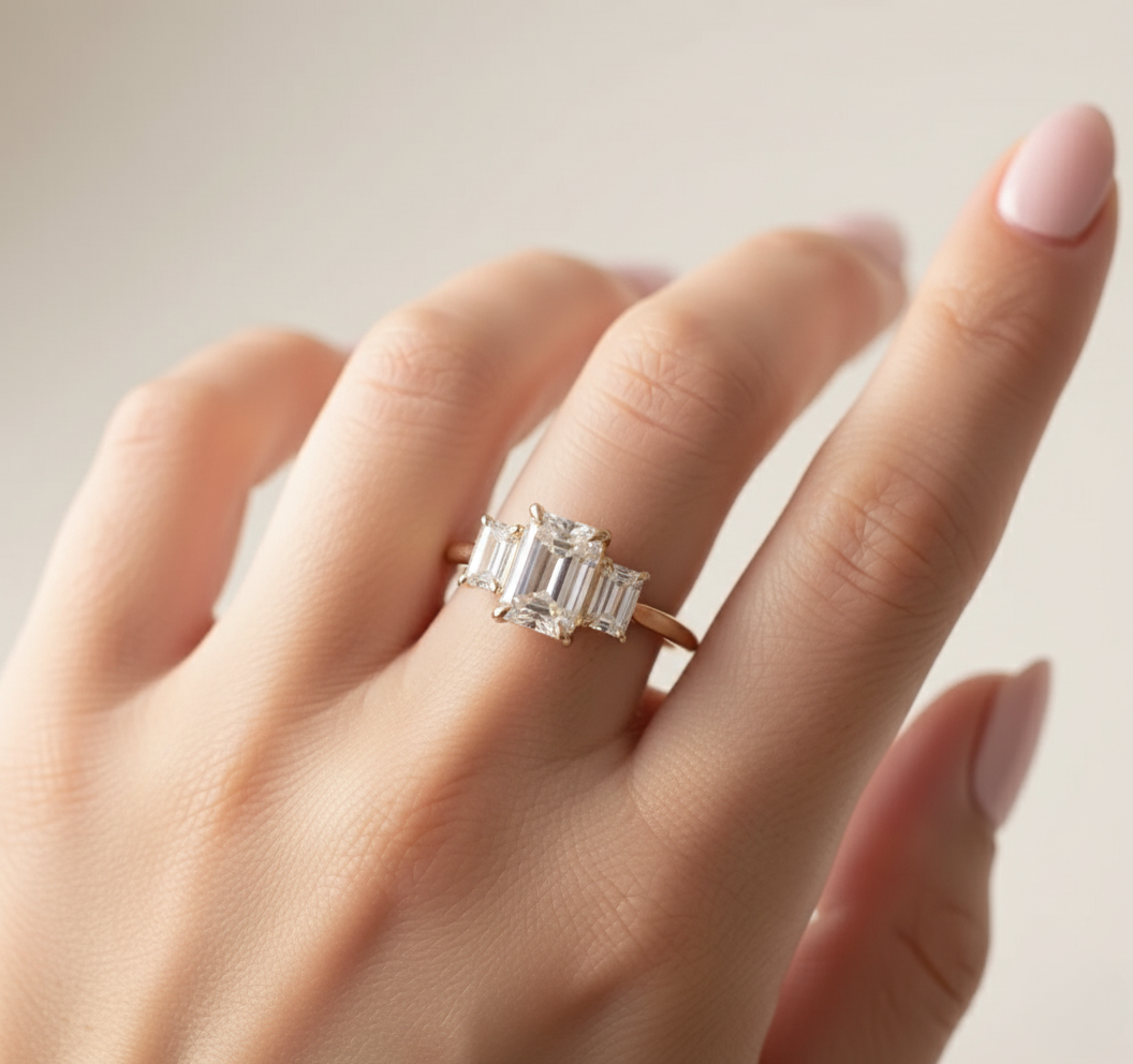 Elegant 3 Stone Emerald Engagement Ring | Lab Grown Diamond | 14K Yellow Gold Classic Three Stone Design