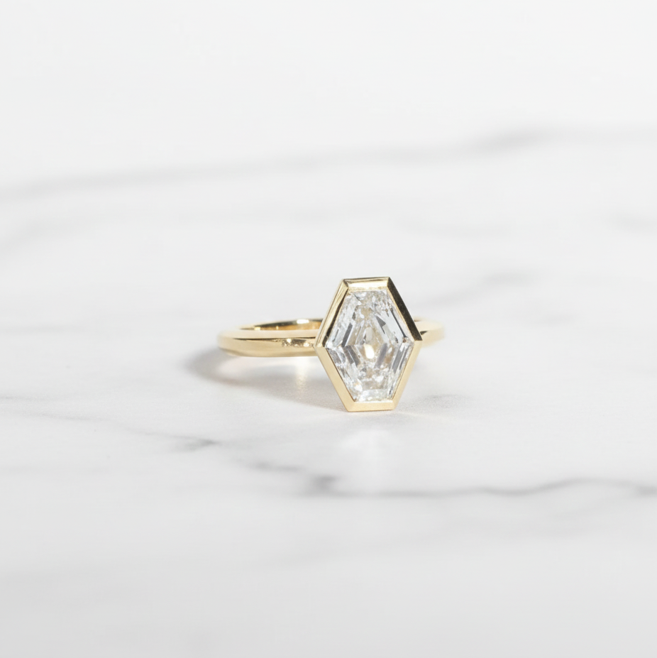 Unique Hexagonal Ring | Lab Grown Diamond | 14K Yellow Gold Minimal Style