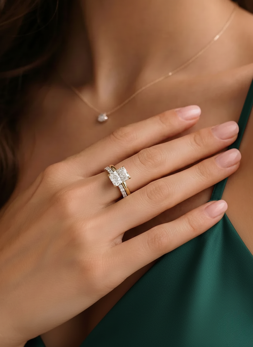 Radiant Diamond Stackable Ring, Two Band Diamond Ring, Lab Grown Diamond Engagement Ring, Pave Diamond Band Ring, Minimal Gold Ring