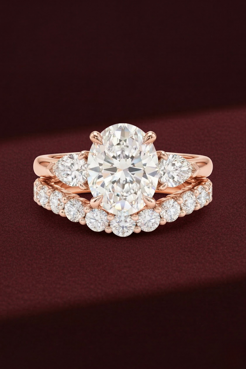 Oval Diamond Engagement Ring Set 2.05 Carat, Stackable Bridal Ring Set, Oval Ring with Pear Side Diamonds, Diamond Wedding Band Set