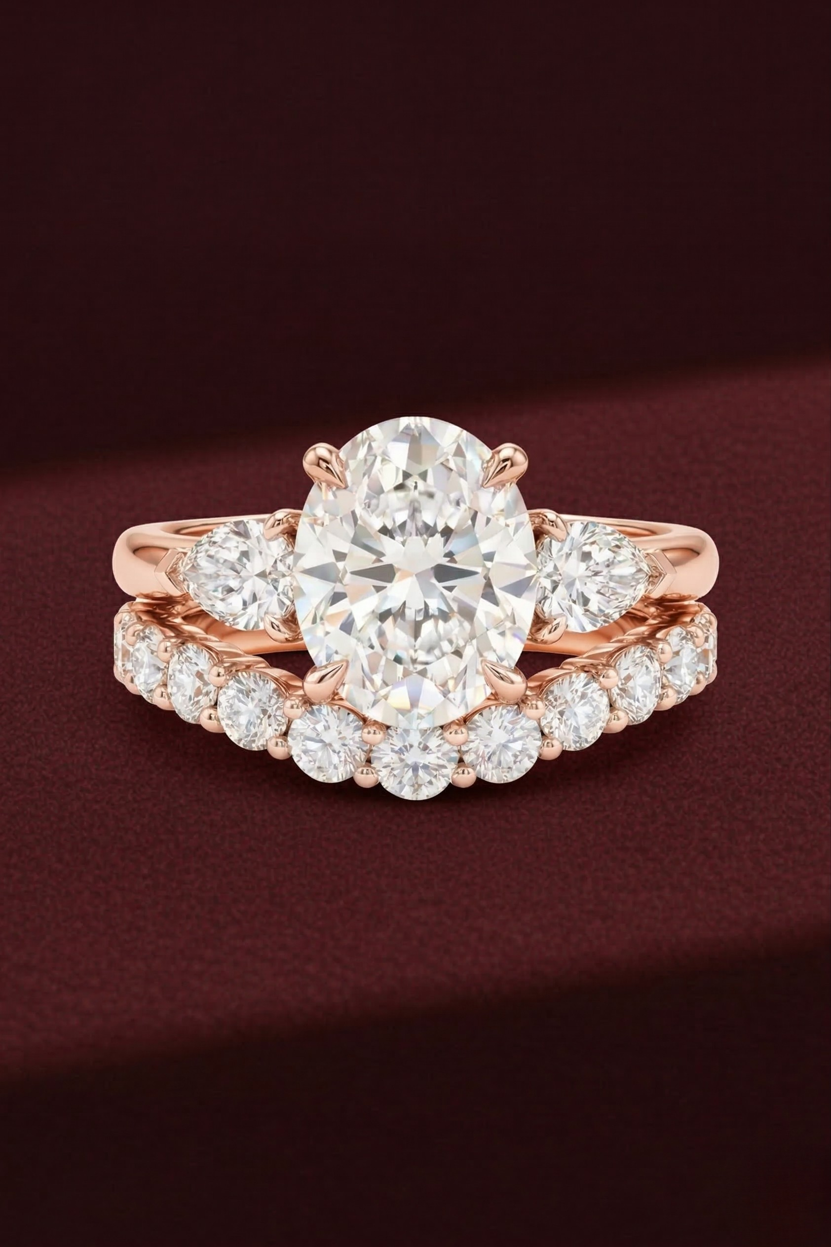 Oval Diamond Engagement Ring Set 2.05 Carat, Stackable Bridal Ring Set, Oval Ring with Pear Side Diamonds, Diamond Wedding Band Set