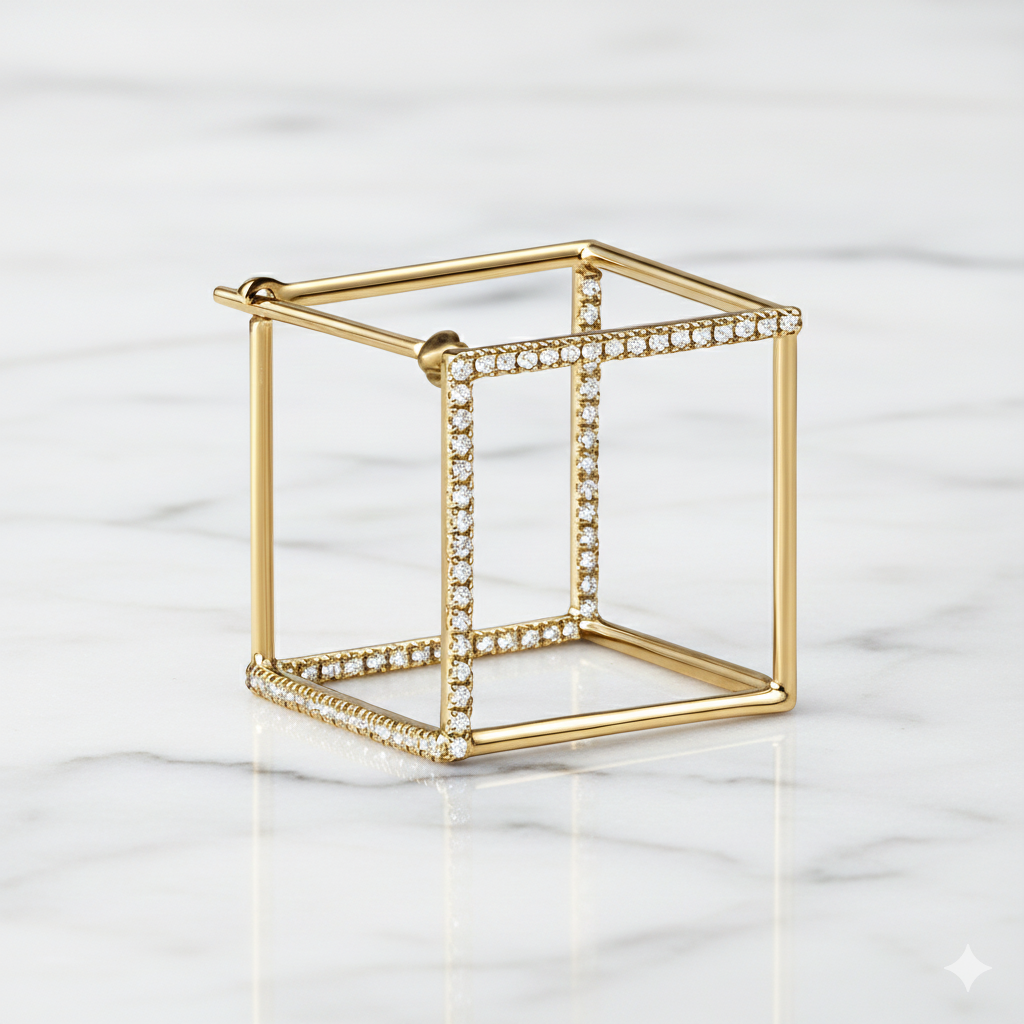 3D Geometric Cube Earrings | Lab Grown Diamond | 14K Yellow Gold Square Design