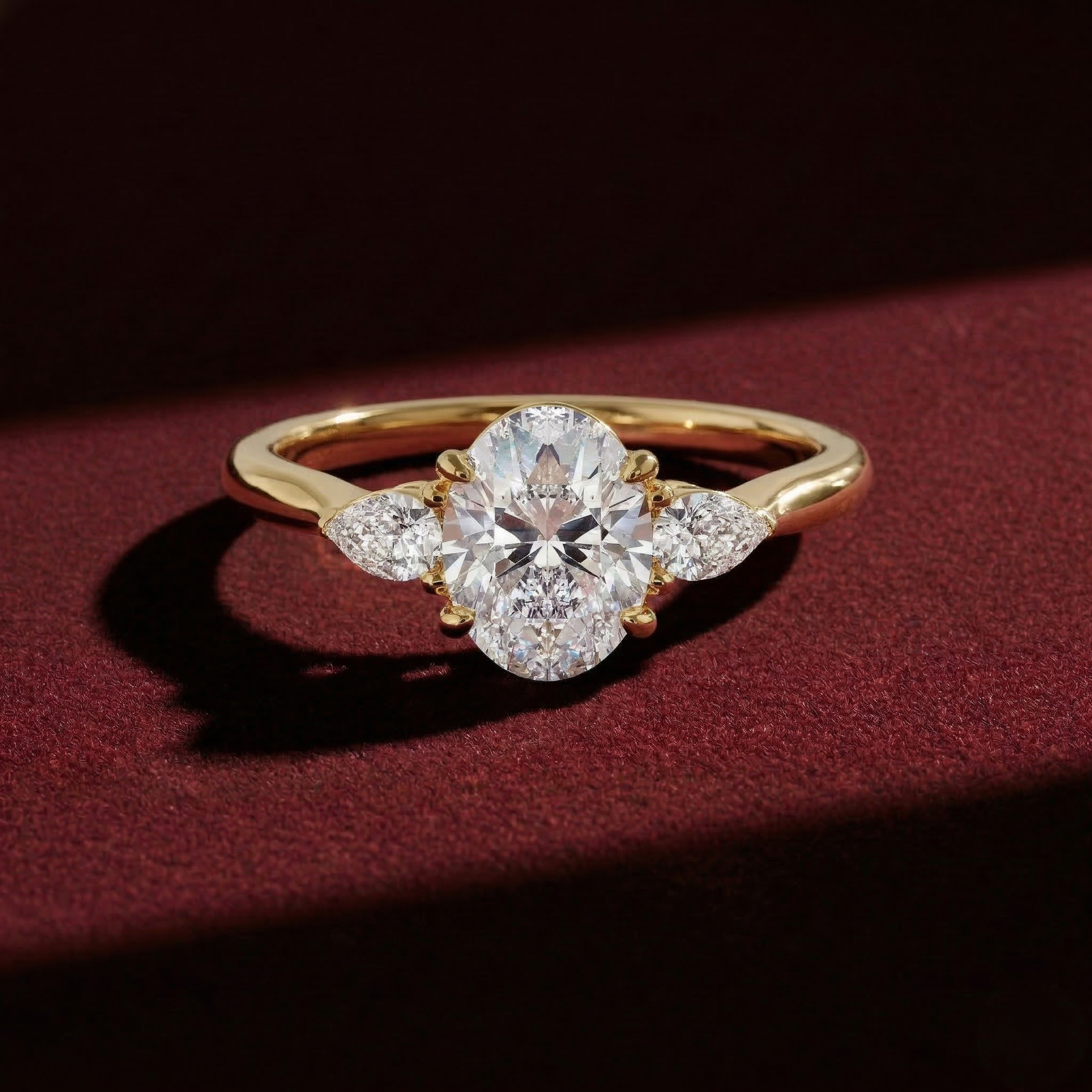 Oval Lab Grown Diamond Engagement Ring with Pear Side Stones in Solid 14K Gold