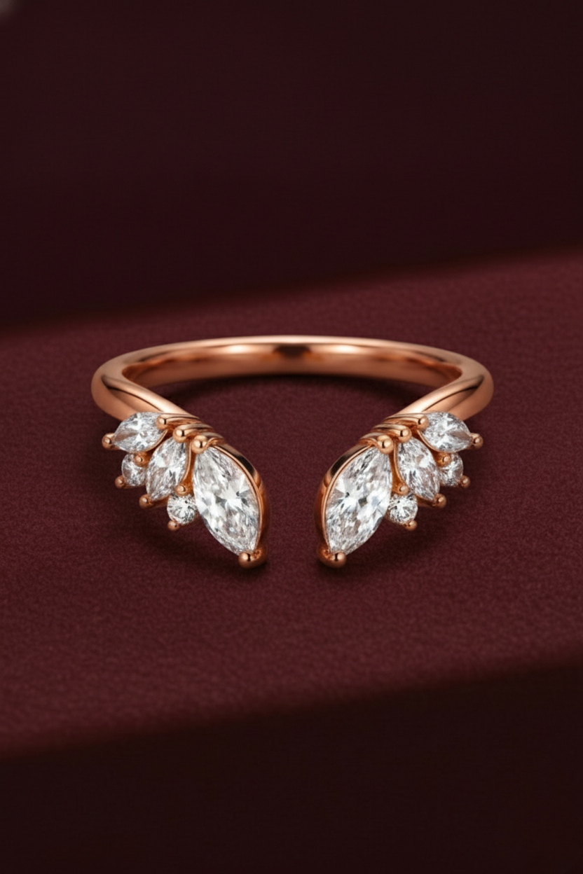 Open Cuff Diamond Stackable Band, Marquise and Round Diamond Band, Open Diamond Ring, Stackable Wedding Band, Gold Diamond Ring