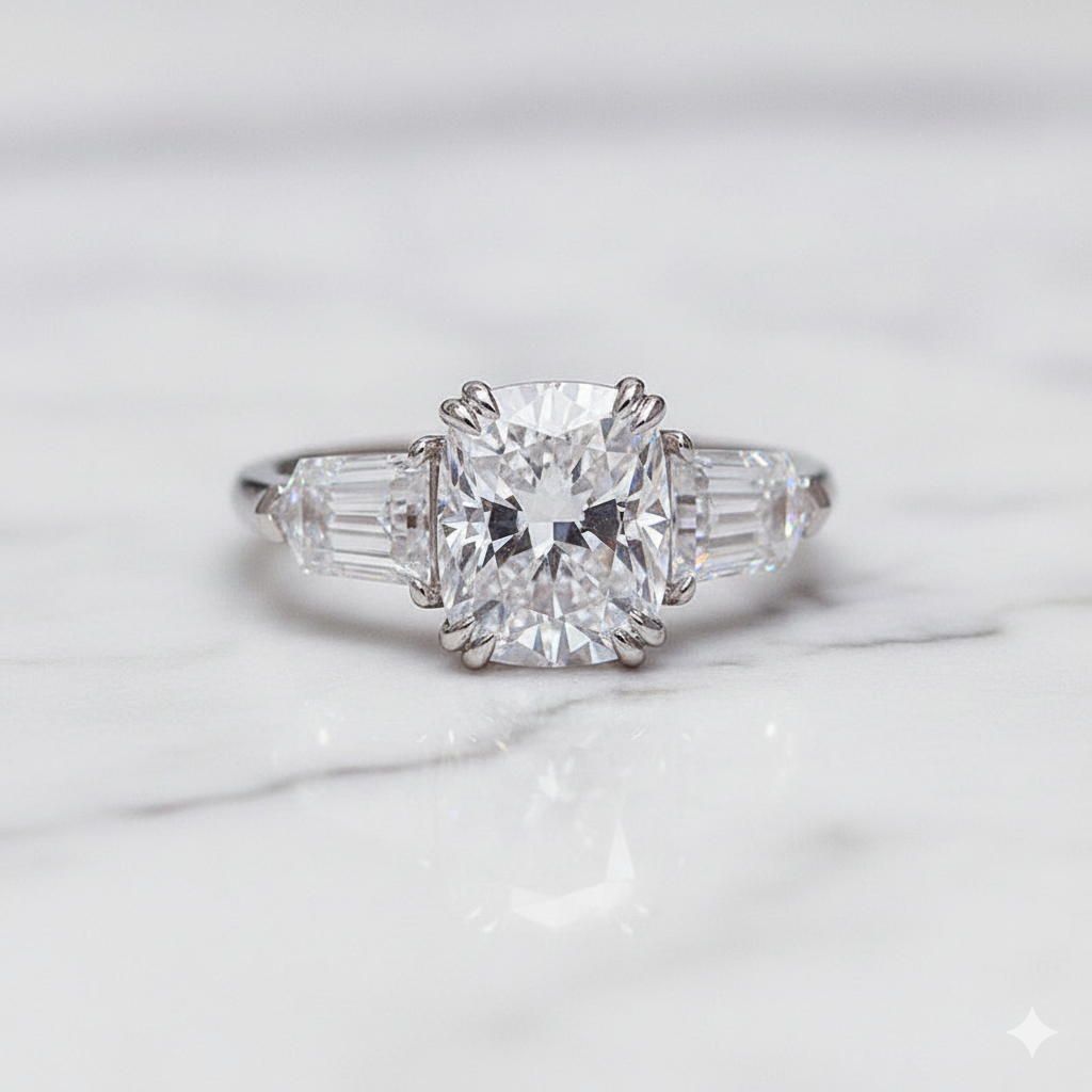 Unique Cushion Cut Ring with Bullet Cut Side Stones | Lab Grown Diamond | 14K Yellow Gold