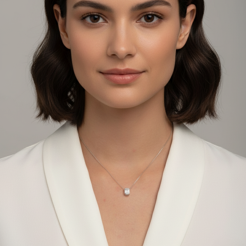 Bezel Set Emerald Cut Pendant Necklace | Lab Grown Diamond | 14K Yellow Gold minimalist