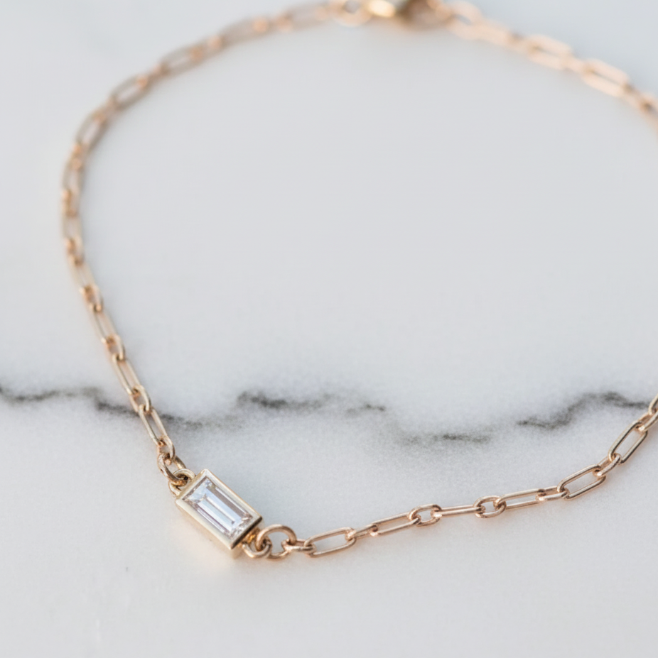 Minimalist Baguette Diamond Bracelet | Lab Grown Diamond | 14K Yellow Gold Cable Chain
