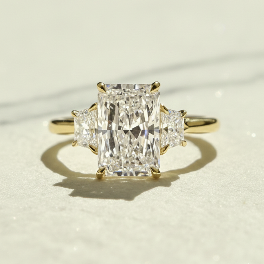 Modern Radiant 3 Stone Engagement Ring | Lab Grown Diamond | 14K Yellow Gold Fine Jewelry