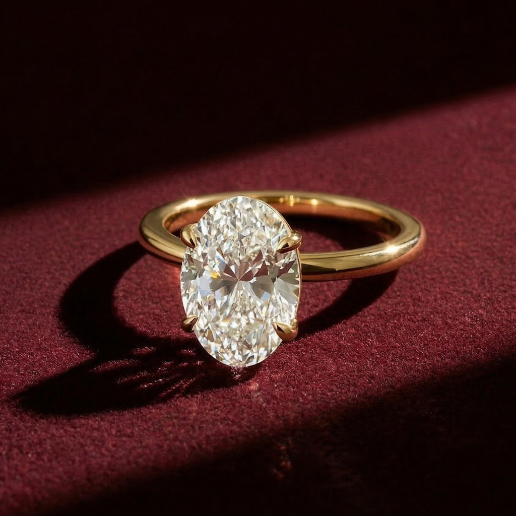 Oval Lab Grown Diamond Solitaire Ring in Handmade Solid 14K Gold