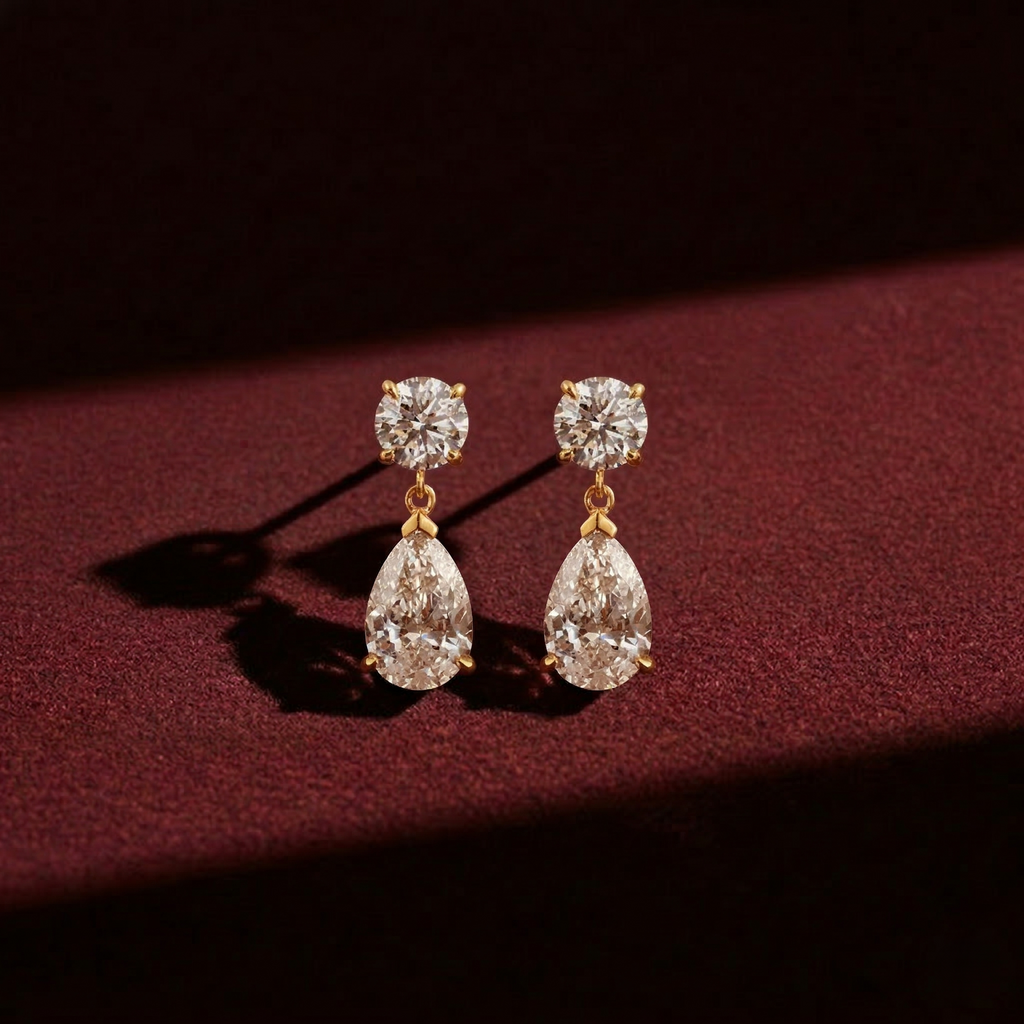 Round & Pear Cut Lab Grown Diamond Two Stone Earrings in Solid 14K Gold