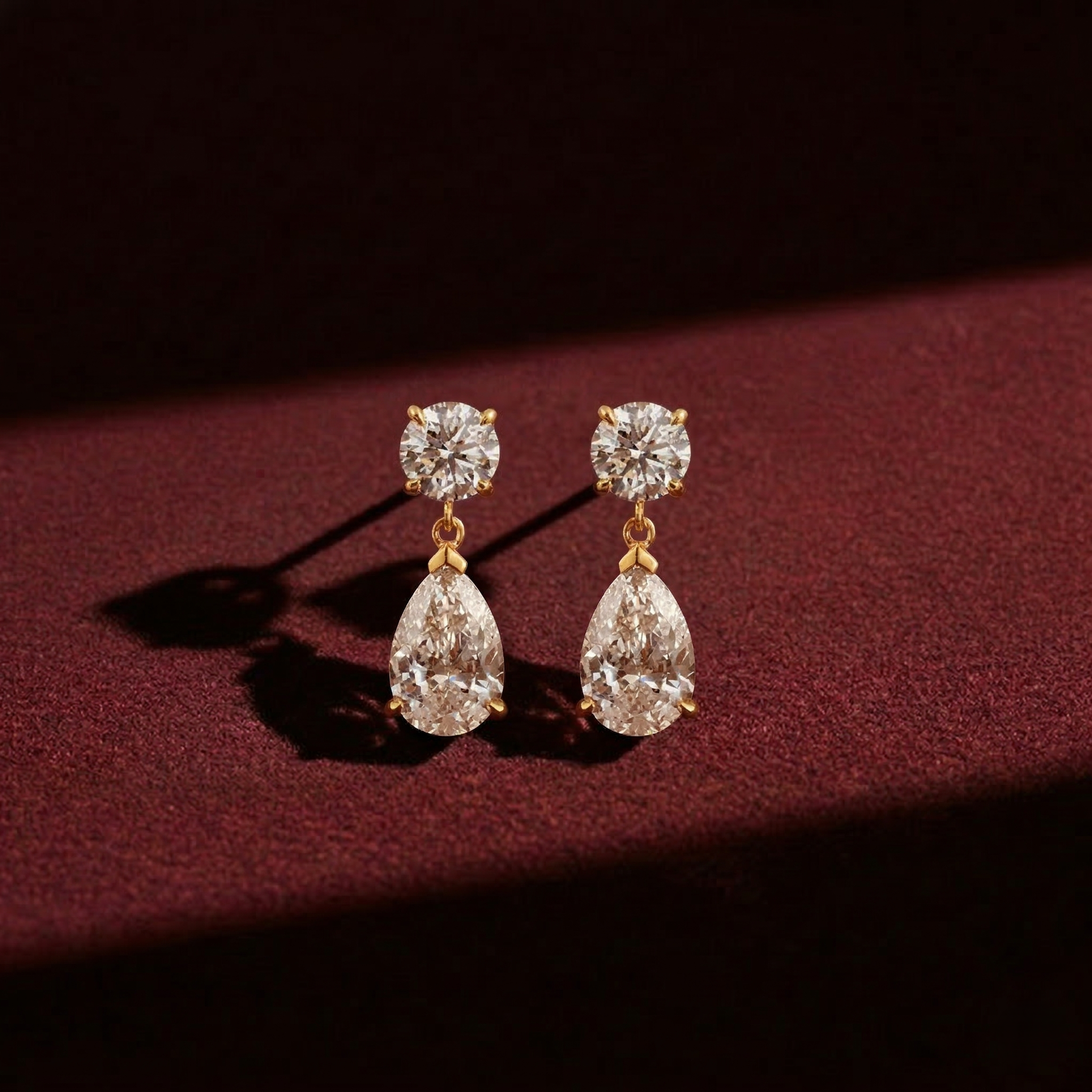 Round & Pear Cut Lab Grown Diamond Two Stone Earrings in Solid 14K Gold