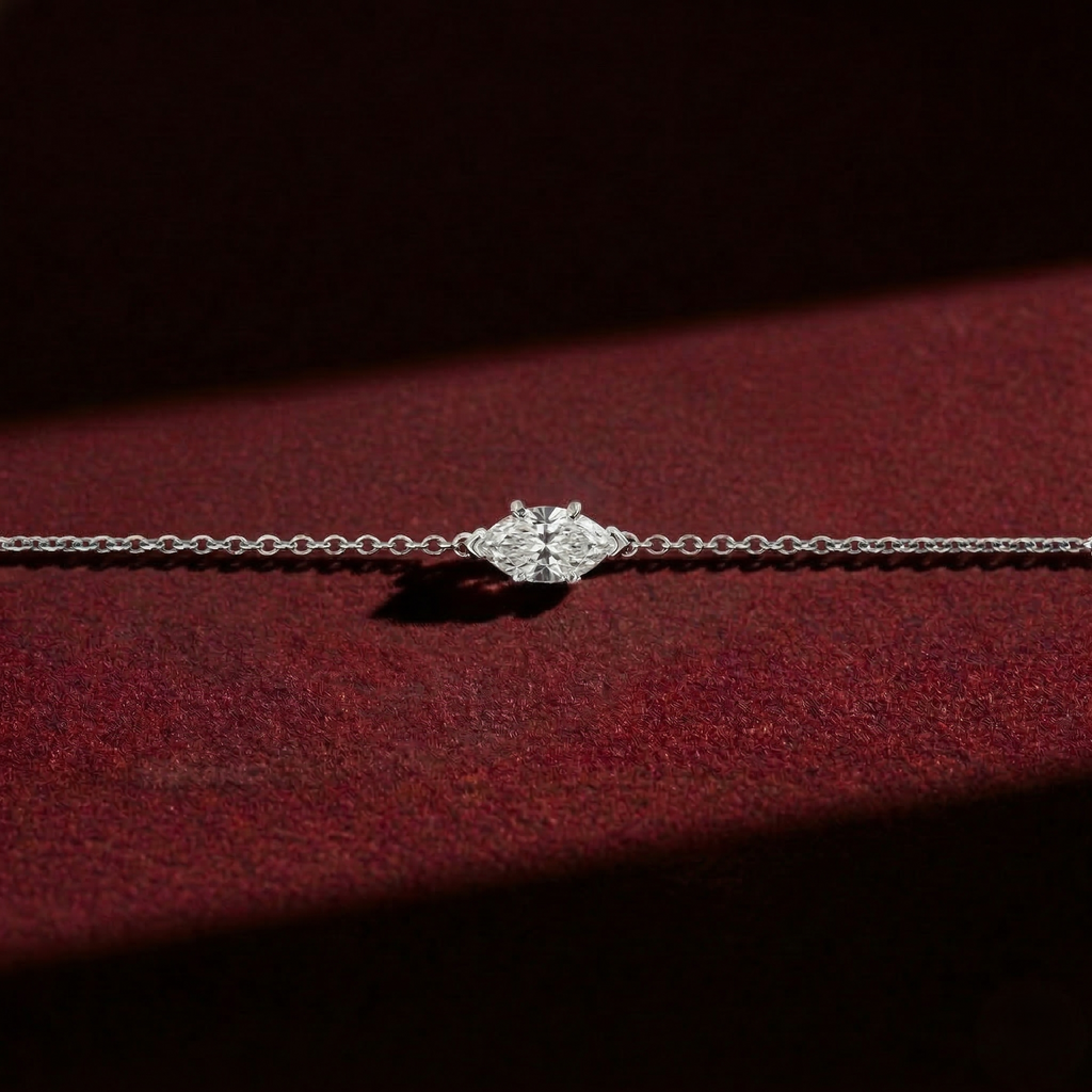 Handmade Marquise Cut Lab Grown Diamond Solitaire Bracelet in 14K Gold