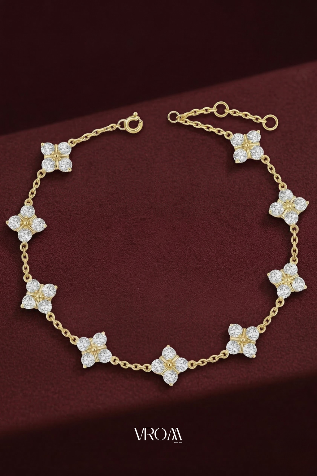 Diamond Clover Bracelet 1.80 CT, Four Leaf Clover Diamond Bracelet, Lucky Charm Bracelet, Floral Diamond Bracelet, Gold Chain Bracelet
