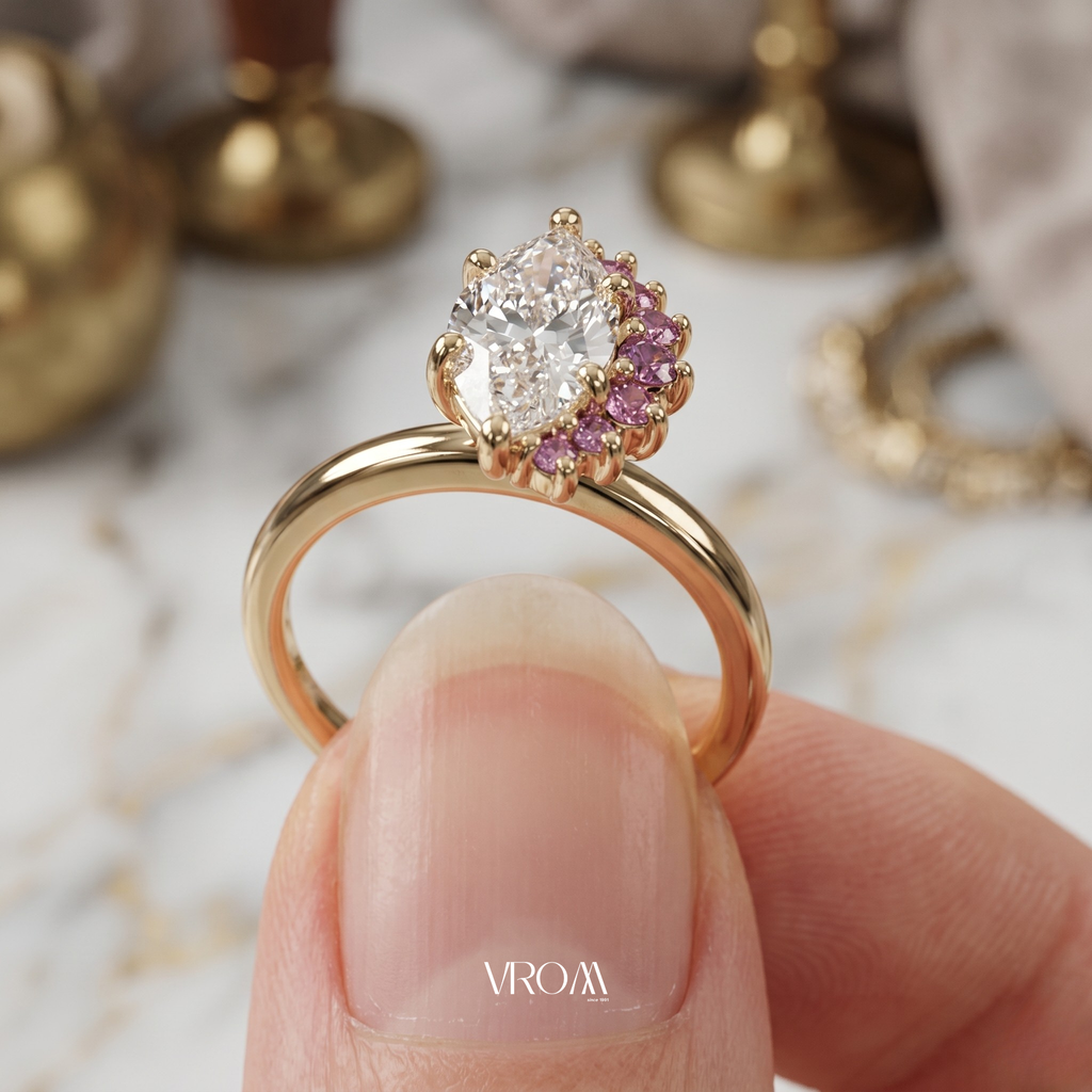 Marquise Lab Grown Diamond & Pink Sapphire Two Stone Ring in 14K or 18K Gold