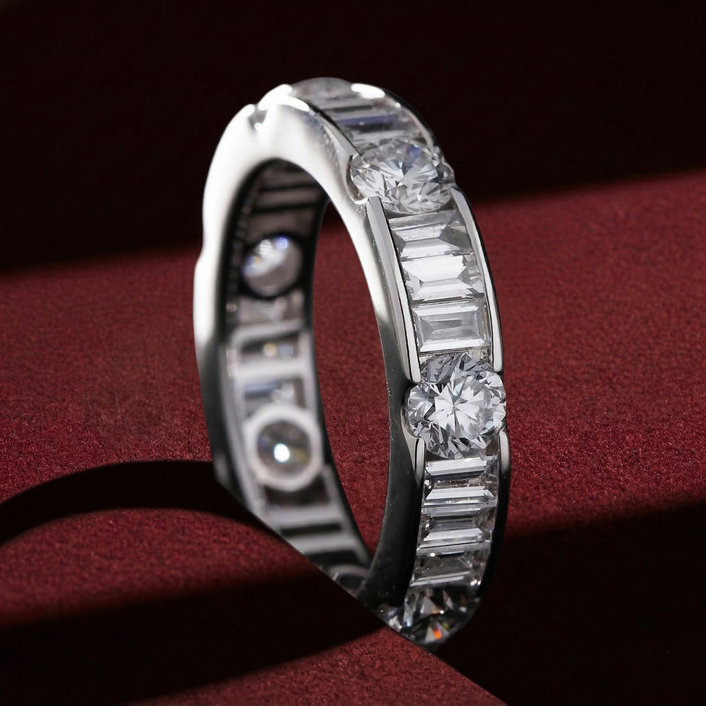 Lab Grown Diamond Eternity Band: 14K Gold Alternating Round & Baguette Anniversary Ring