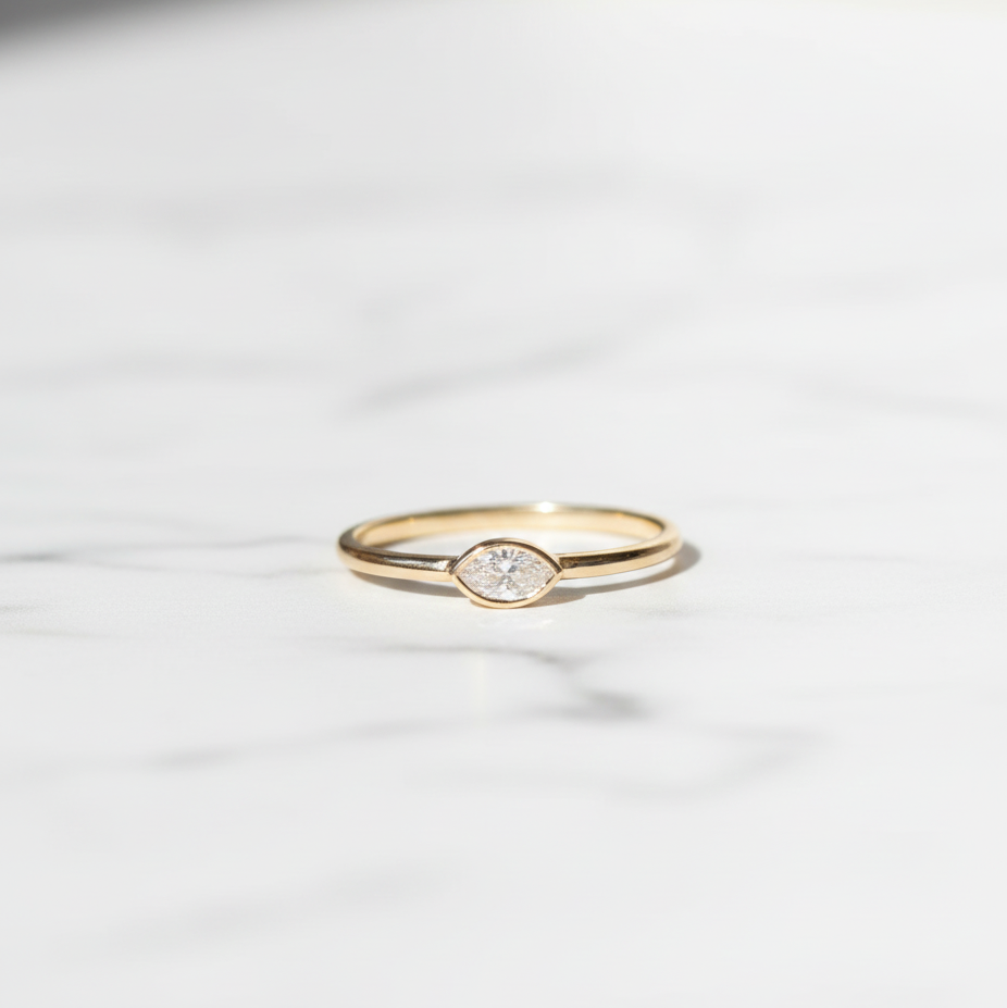 Minimalist Marquise East West Bezel Set Solitaire Ring | Lab Grown Diamond | 14K Yellow Gold