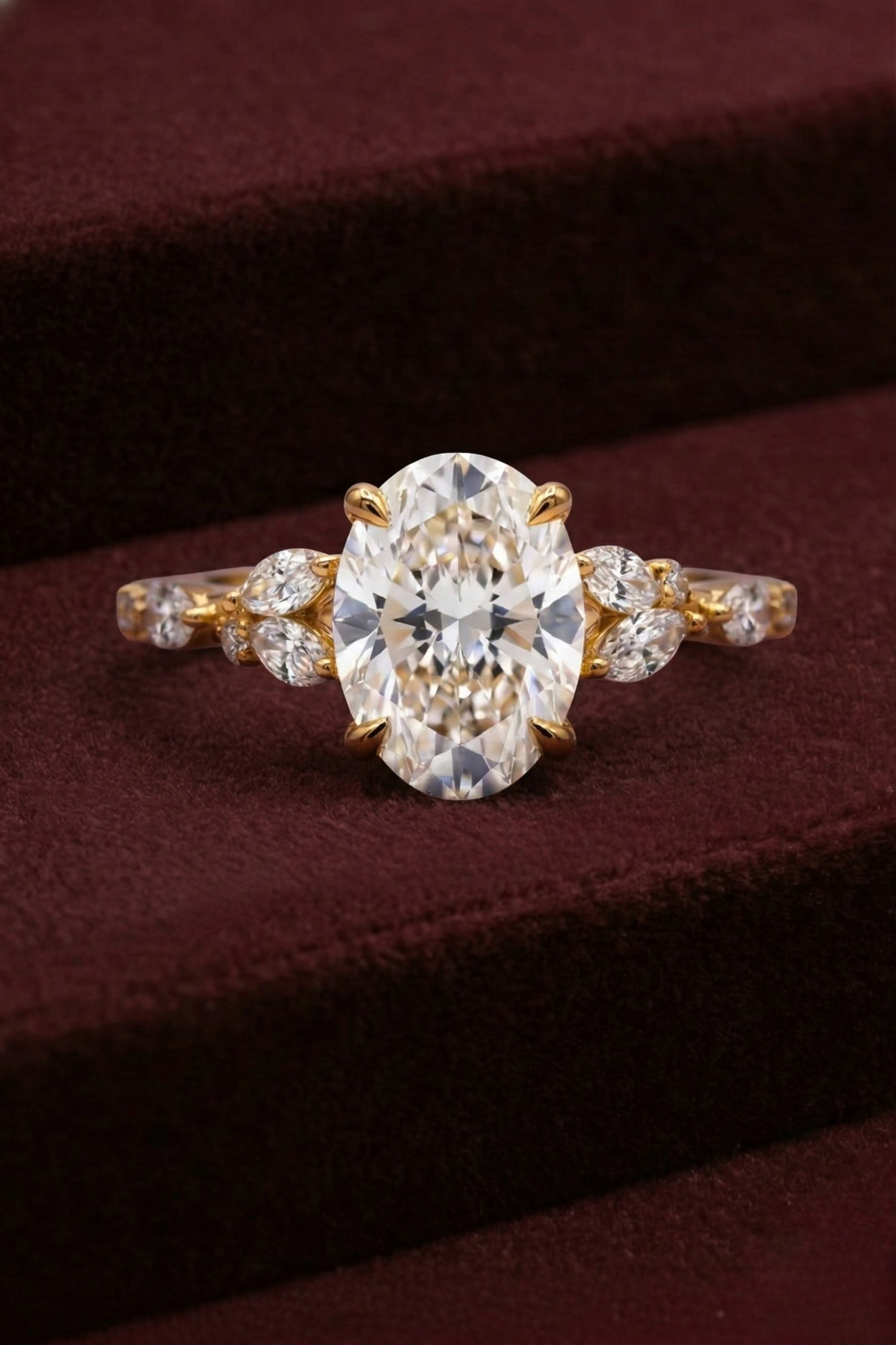 Oval Diamond Engagement Ring, Oval Cut Diamond Ring with Marquise & Round Side Diamonds, Diamond Accent Ring, Gold Diamond Ring