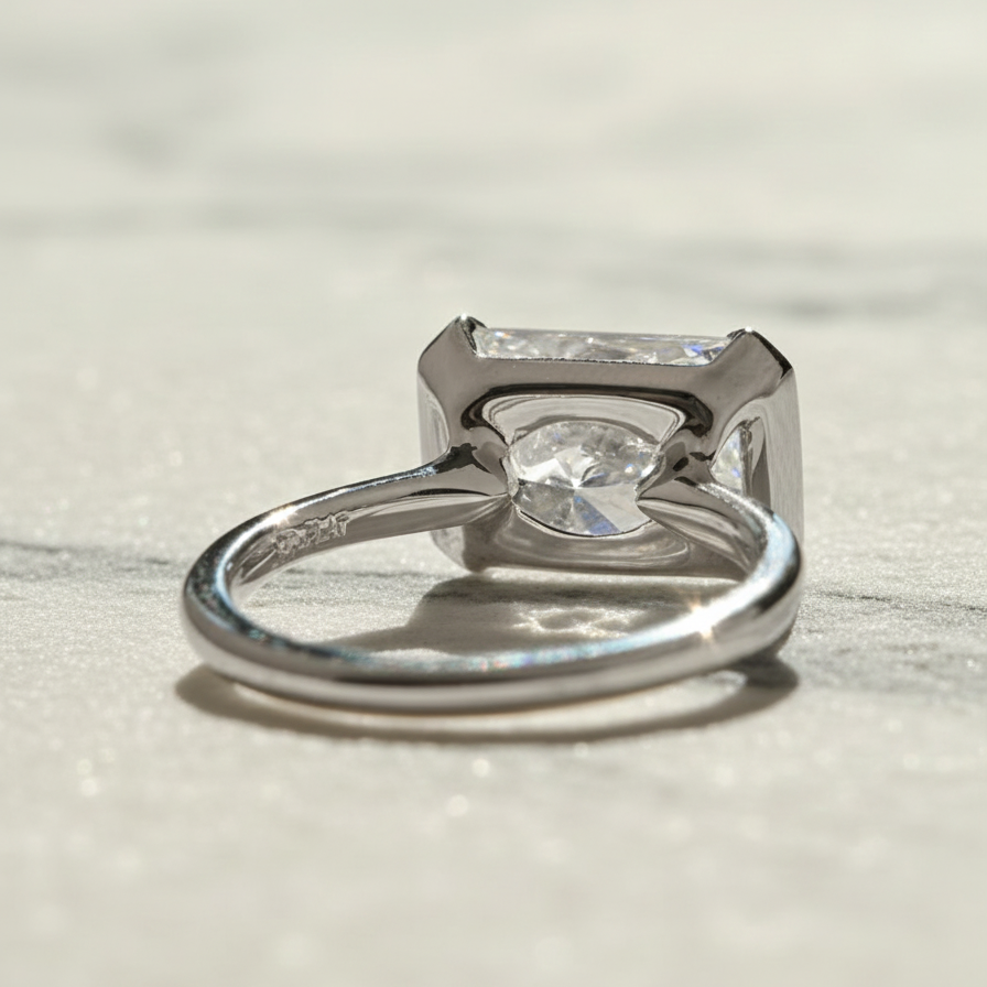 Modern East West Radiant Engagement Ring | Lab Grown Diamond | 14K Yellow Gold Half Bezel