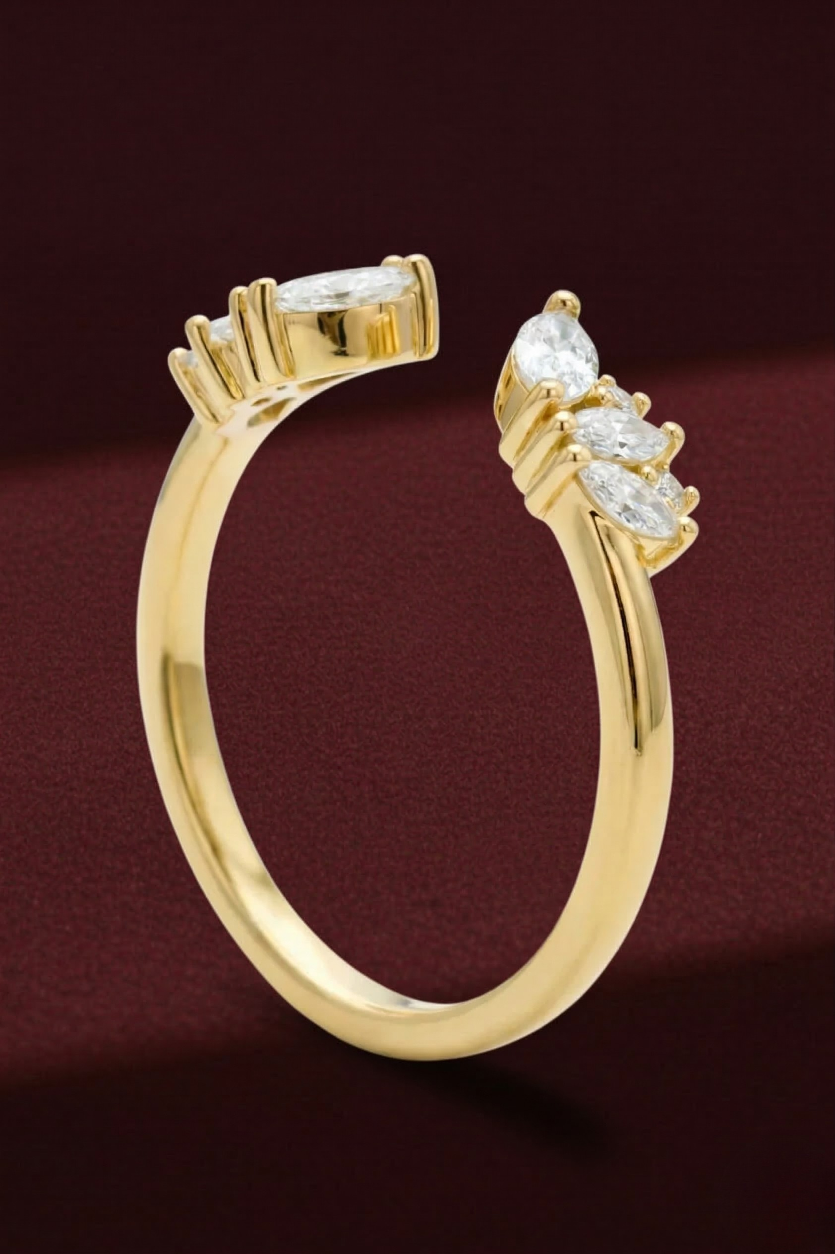 Open Cuff Diamond Stackable Band, Marquise and Round Diamond Band, Open Diamond Ring, Stackable Wedding Band, Gold Diamond Ring