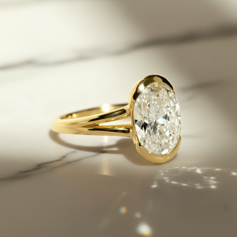 Minimal Oval Half Bezel Ring | Lab Grown Diamond | 14K Yellow Gold