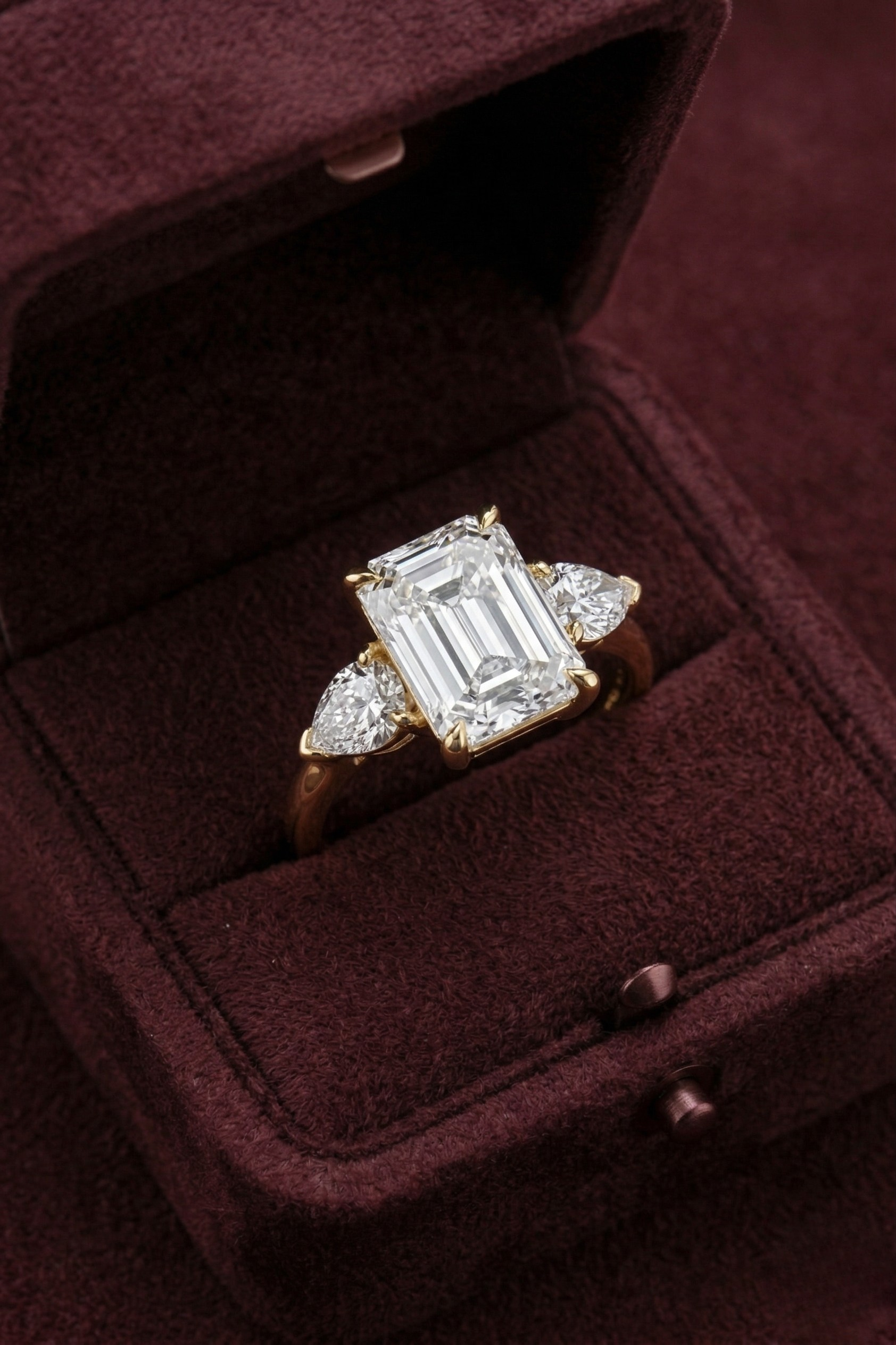 Emerald Cut Diamond Three Stone Ring, 2.05 Carat Emerald Diamond Ring with Pear Side Stones, Three Stone Engagement Ring, Gold Diamond Ring