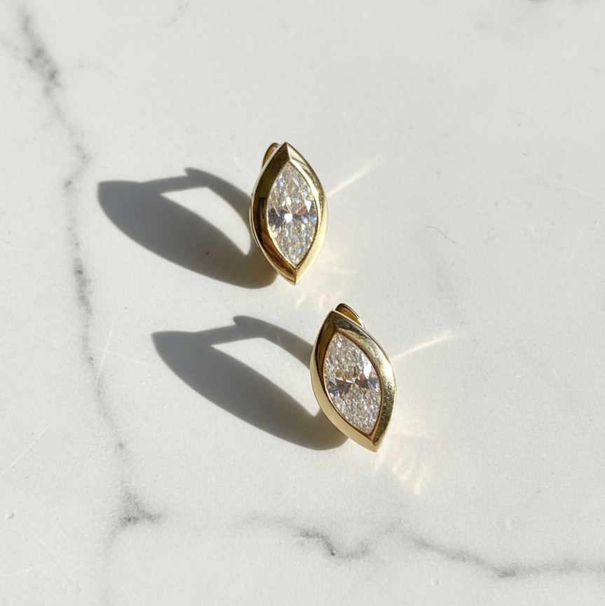 Marquise Stud Earrings Bezel Setting | Lab Grown Diamond | 14K Yellow Gold Fine Jewelry