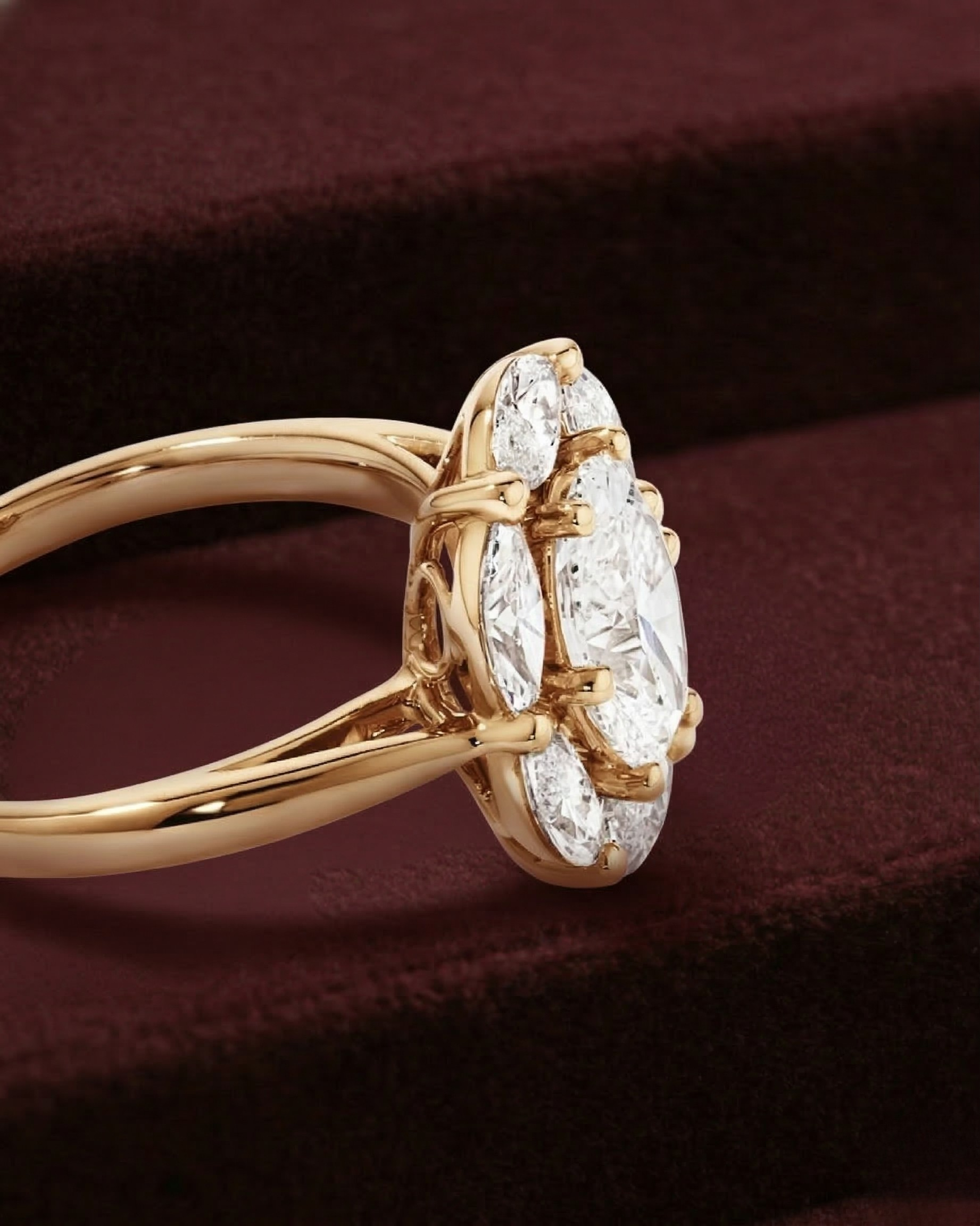 Oval Diamond Cluster Ring, Oval Center with Marquise Side Diamonds, Floral Diamond Engagement Ring, Multi Stone Diamond Ring, Statement Ring