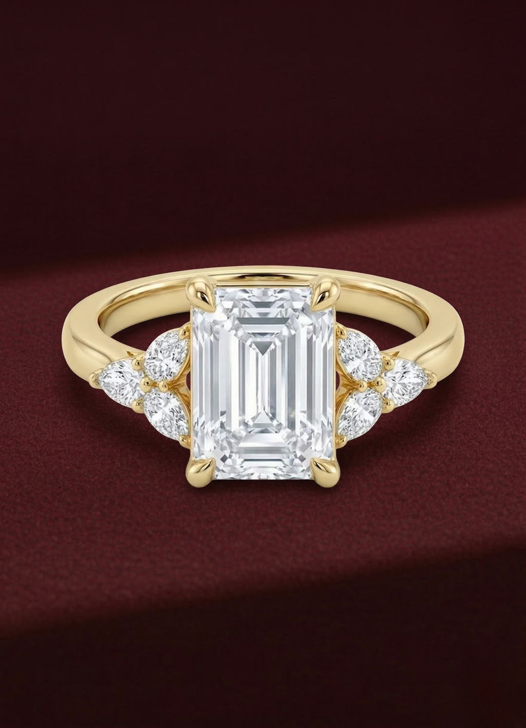 Emerald Diamond Engagement Ring 2.05 Carat, Emerald Cut Diamond Ring with Pear Side Diamonds, Gold Engagement Ring, Lab Diamond Ring