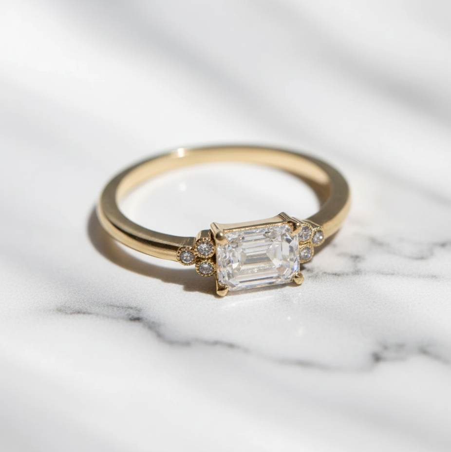 Minimalist Emerald Cut Ring with Side Stone Accents | Lab Grown Diamond | 14K Yellow Gold