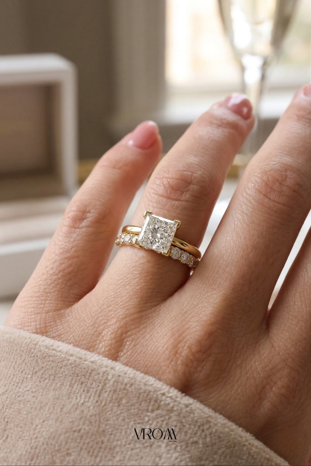 Princess Cut Diamond Stackable Ring, Two Band Diamond Ring, Lab Grown Diamond Engagement Ring, Minimal Pave Band Ring, Gold Bridal Ring